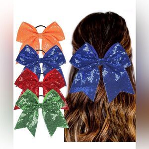 4 PACK 8" Girls Large Sequin Cheer Bows Teens Elastic Ponytail Hair Bow NIP